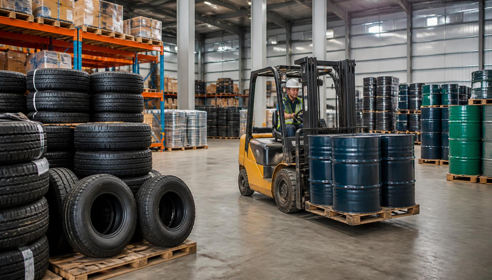 Depósito con pallets de llantas y turriles de lubricantes movidos con montacargas